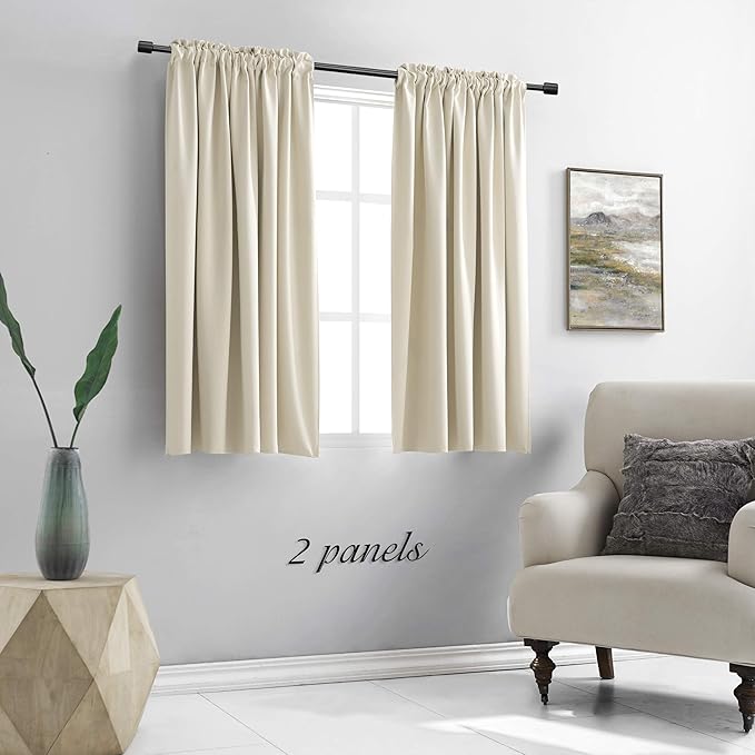 DONREN 48 Inch Length Cream Beige Curtains for Bedroom - Small Window Treatment Rod Pocket Room Darkening Curtain Drapes (Set of 2 Panels,52 W x 48 L)