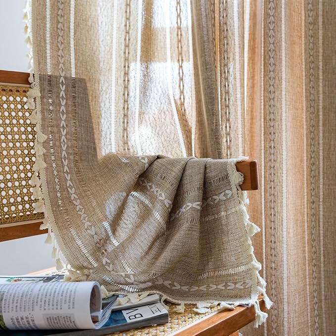 Sutuo Home Boho Curtains for Bedroom Living Room 63 Inch Length, Light Filtering French Country Farmhouse Vintage Shabby Chic Tassels Hollow Window Treatment Bohemian Drape 1 Panel 52"W x 63"L Natural