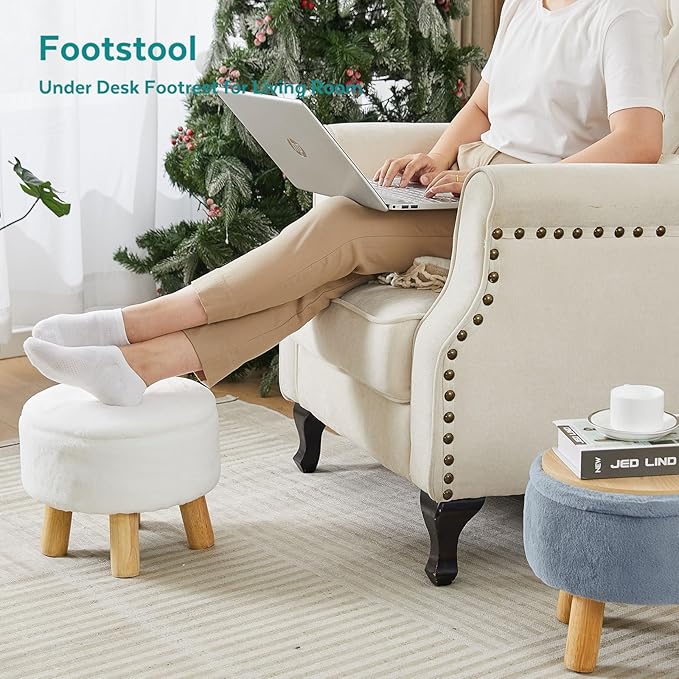 FIMIVIBI Small Foot Stool Ottoman with Storage, Soft Faux Fur Ottoman Foot Rest for Couch, Round Footstool with Storage, Small Ottomans and Footstools for Living Room and Entryway (Light Blue)