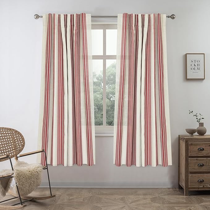 DriftAway Farmhouse Vertical Striped Linen Blend Textured Light Filtering Semi Sheer Curtains for Living Room Bedroom 63 Inches Long Drapes 2 Panels Broad Striped Linen Red