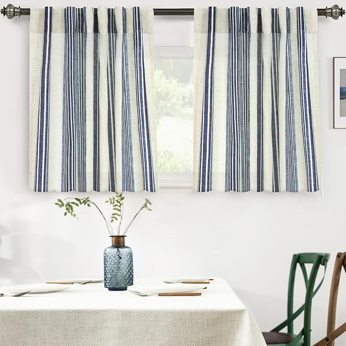 DriftAway Farmhouse Vertical Striped Linen Blend Textured Light Filtering Semi Sheer Curtains for Living Room Bedroom 36 Inches Long Drapes 2 Panels Broad Striped Linen Dark Blue