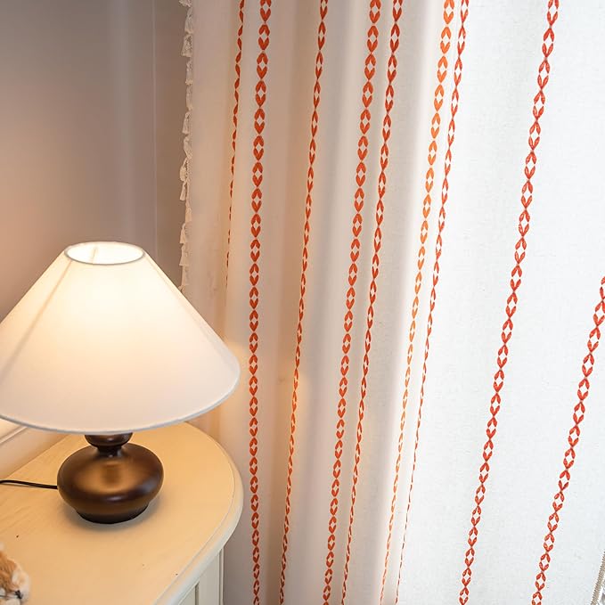 Sutuo Home Boho Curtains 96 inches for Bedroom Living Room, Semi Blackout Embroidery Window Bohemian Tassels Drape for Halloween Festival Decor, Rod Pocket 1 Panel 52" W x 96" L, White and Orange