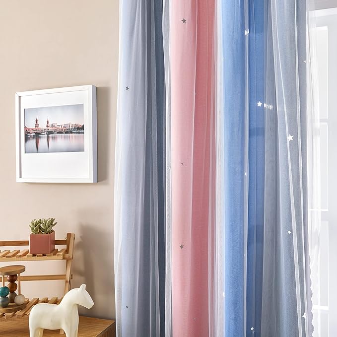 XiDi Curtains for Bedroom Decor, Rainbow PinkGreyBlue-52-45