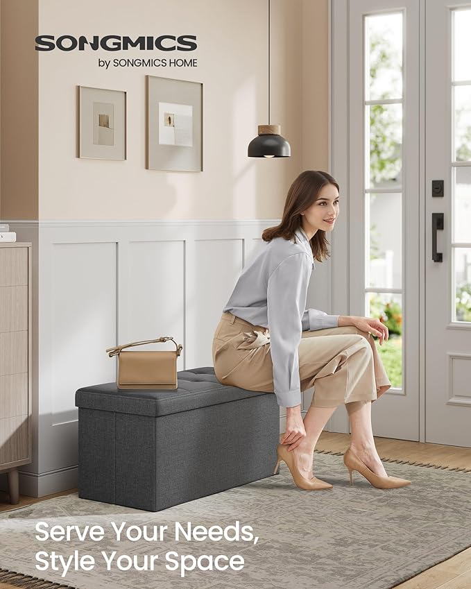 SONGMICS MAZIE Collection - 30 Inches Folding Storage Ottoman Bench, Ottoman Foot Rest, End of Bed Bench, Storage Chest, Load 660 lb, for Living Room, Bedroom, Entryway, Dark Gray ULSF47K
