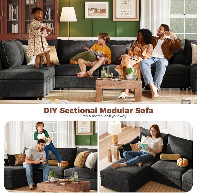ABCASA 102.6" Modular Sectional Sofa, L Shaped Couch Set for Living Room, 3-Seater Comfy Cloud Couches with Movable Storage Ottoman,DIY Combination - Chenille Black