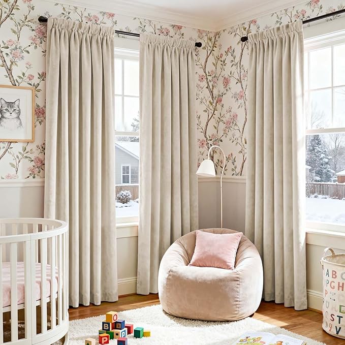 Lazzzy Velvet Blackout Curtains Thermal Insulated Room Window Drapes Super Soft Luxury Curtains for Living Room Bedroom Rod Pocket 2 Panels, Beige, 42" W x 90" L