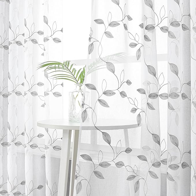 Tollpiz Grey Leaf Sheer Curtains Leaves Embroidered Living Room Short Curtain Rod Pocket Voile Window Treatments for Bedroom, 54 x 45 inches Long, Set of 2 Panels