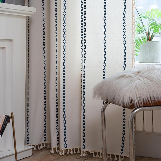 Sutuo Home Boho Kitchen Curtains for Dining Room, Semi Blackout Farmhouse Vintage Tassels Window Treatment Bohemian Embroidery Drape, Rod Pocket 1 Panel 52" W x 63" L, White and Navy Blue