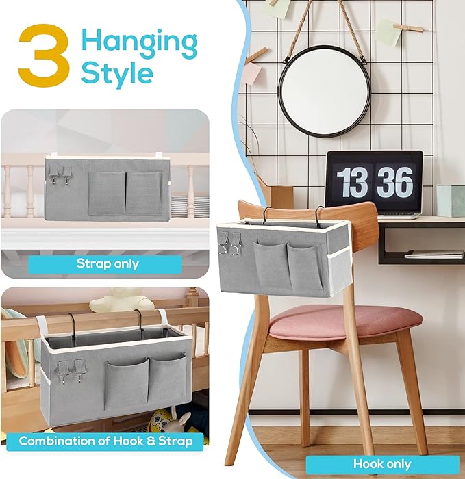 Kanrichu 2pcs Bedside Caddy Hanging Storage Bag, Water Cup Holders, Organizer Baskets with Pockets for Bunk Bed Shelf, Hospital Beds, Loft & Dorm Rooms Accessories (Bedside bag-Grey)