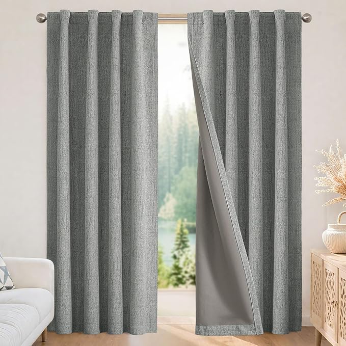 Joydeco Linen Blackout Curtains for Bedroom - 100% Light Blocking 1 Panels, Light Grey Drapes 70" W x 90" L, Thermal Insulated Room Darkening Curtains for Living Room, Rod Pocket & Back Tabs