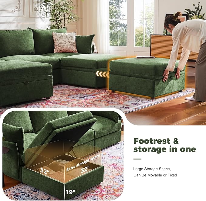 ABCASA Oversized Loveseat Sofa, Modern Modular Sectional Couch Green Fluffy Chenille Mid Century 2-Seat 24.5" Deep Seat for Apartment, Living Room, Bedroom