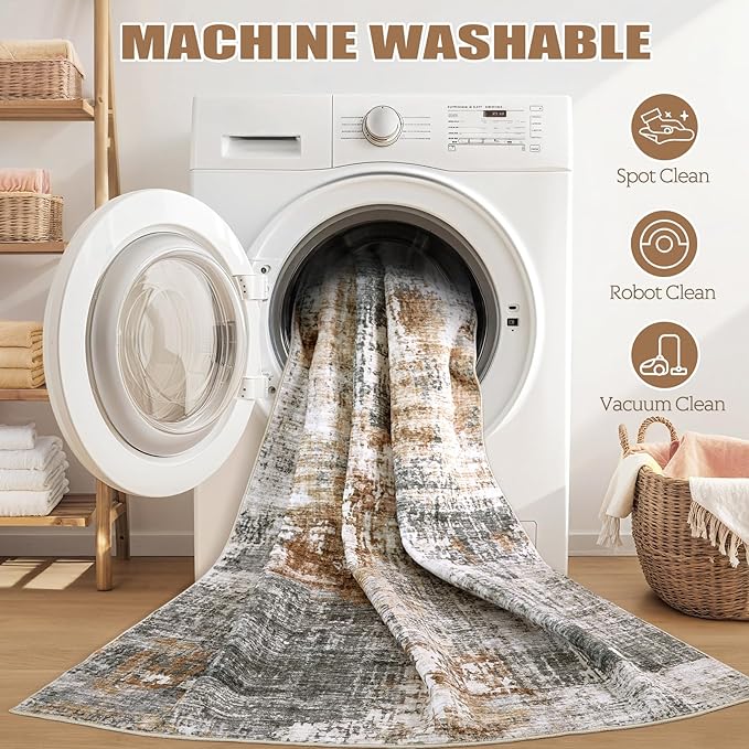 6ft Round Area Rug Living Room Rugs - 6x6 Washable Large Soft Indoor Neutral Modern Abstract Low Pile Rug Carpet for Bedroom Dining Room Farmhouse Home Office - Grey Brown