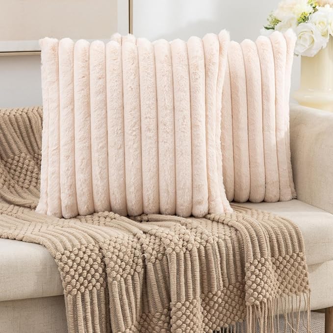 ZLINA Set of 2 Beige Faux Fur Decorative Throw Pillow Covers Fluffy Striped Pillowcase Cushion Covers 24 x24 Inch Decor Sofa Couch Bedroom