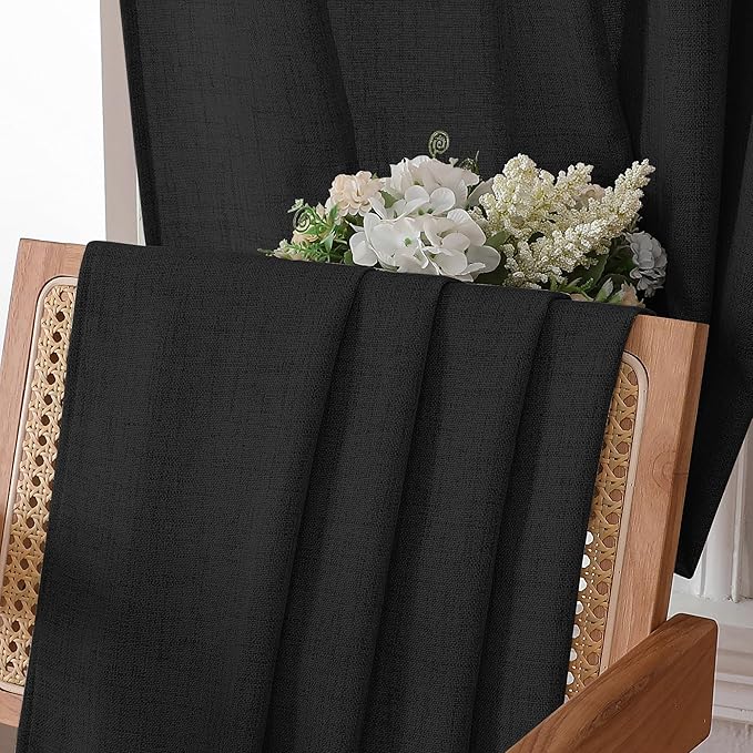 Tollpiz Linen Curtain Bedroom Rod Pocket Semi Sheer Curtains Burlap Light Filtering Thick Linen Drape for Living Room, 38 x 84 inches Long, Black, Set of 2 Panels