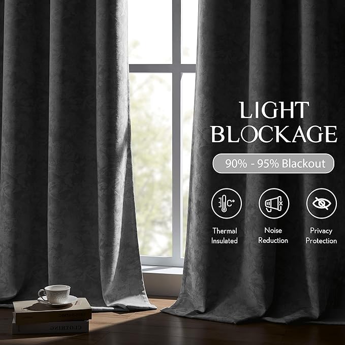 Beauoop Grey Floral Jacquard Blackout Curtains 63 Inches Long 2 Panels for Bedroom Living Room Gray Flower Chenille Room Darkening Thermal Insulated Soundproof Grommet Window Treatments Drapes, 52x63
