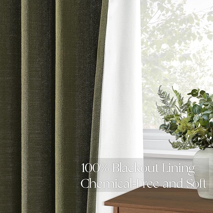Topfinel Olive Green 100 Inch Long Black Out Custom Curtains, Double Pinch Pleated Window Coverings, Nursery Kids Summber Boho Farmhouse Heat Blocking Sound Block Back Tab Curtains for Sliding Door