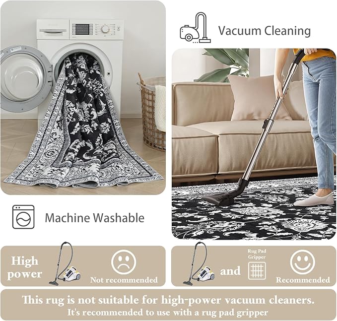 2x3 Washable Area Rug for Entryway：Soft Traditional Printed Area Rug Non-Slip Kitchen Rugs Low-Pile Medallion Indoor Door Mat Small Farmhouse Carpet for Entrance Foyer Bedside Black White 2x3