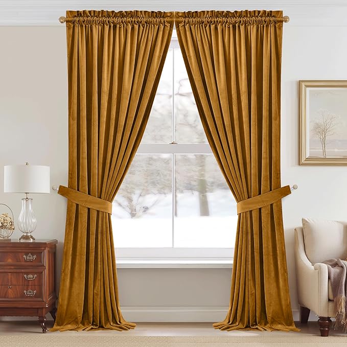 StangH Mustard Gold Velvet Fall Curtains - Stylish Thermal Insulated Drapes for Living Room, Soft Noise Reducing Curtains, Vibrant Home Decor, W52 x L102, 2 Panels