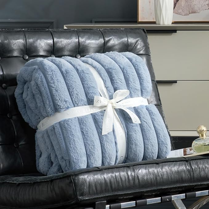 Cozy Bliss Faux Fur Throw Blanket for Couch, Cozy Warm Plush Striped Blanket for Sofa Bedroom Living Room, 60 * 80 Inches Light Blue