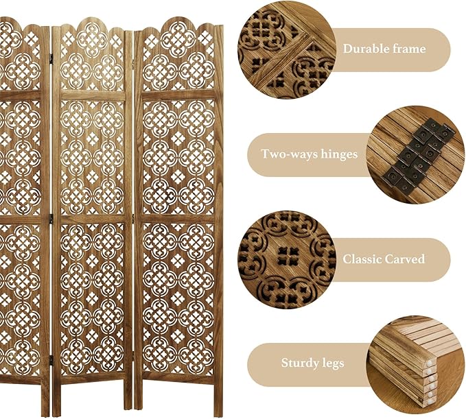 68.9Inch Folding Room Divider, 6 Panels Wood Carved Privacy Screens, Free Assembled Privacy Screen Decorative Partition for Home Office Restaurant (Dark Brown)