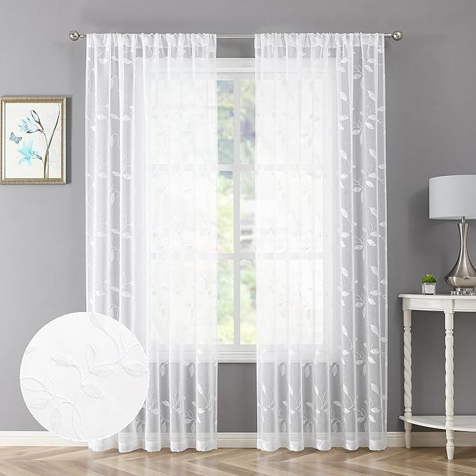 Tollpiz White Leaf Sheer Curtain Leaves Embroidered Living Room Curtains Rod Pocket Voile Window Treatment for Bedroom, 54 x 72 inches Long, Set of 2 Panels