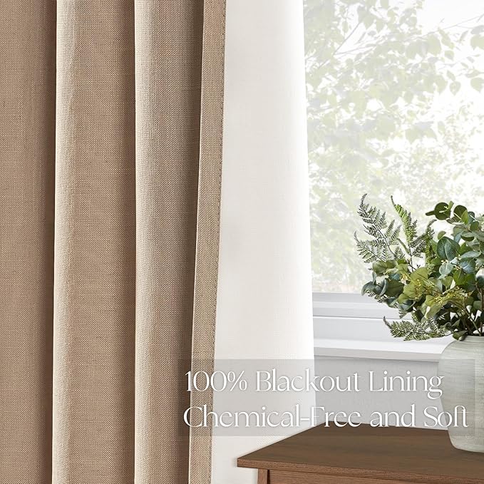 Topfinel Pinch Pleated Curtains 90 Inch Long, 100% Blackout Thermal Insulated Natural Linen Pinch Pleat Viral Drapes with Hooks Rings 2 Panel Sets, Neutral Birch Ivory 7.5FT Back Tab Window Curtains
