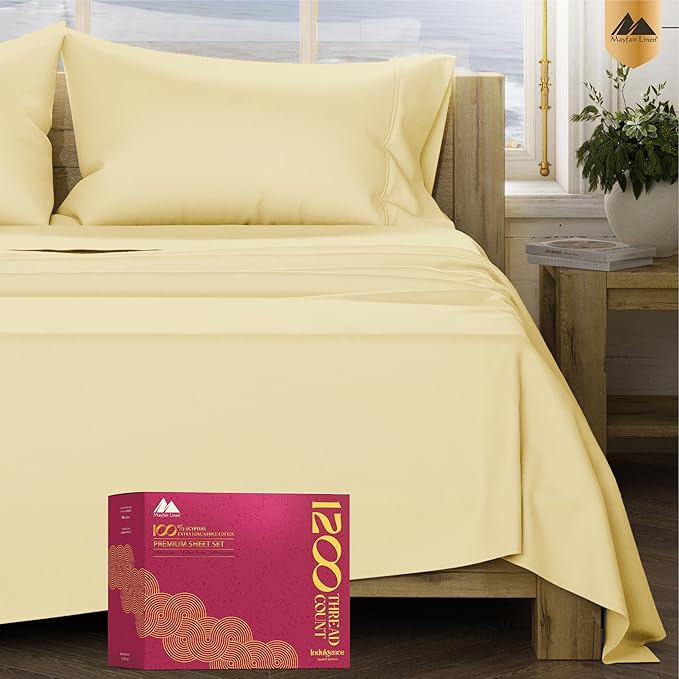 Mayfair Linen 100% Egyptian Cotton Sheets King Size - Luxury 1200 High Thread Count Egyptian Cotton King Size Sheets Set (4 PC, Beige), Silky Soft, Cooling, 17" Deep Pocket Sateen Weave Hotel Bedding