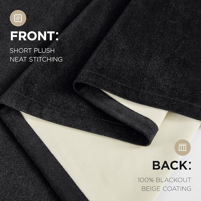 Joydeco Black 100% Blackout Curtains 90 Inch 2 Panels, Luxury Thermal Insulated Black Velvet Curtains for Bedroom Living Room, Soundproof Blackout Window Drapes, Rod Pocket & Back Tab (52W x 90L)