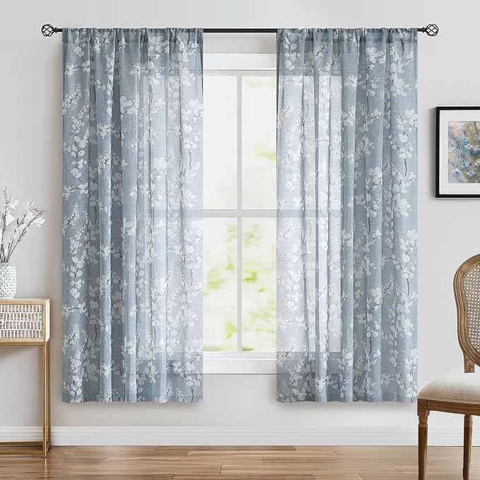 FMFUNCTEX Linen Sheer Curtains for Bedroom, Blue White Blossom Print Curtains 63 Inch Length for Living Room, Floral Patterned Farmhouse Curtain Light Filtering Window Drapes 2 Panels, Rod Pocket