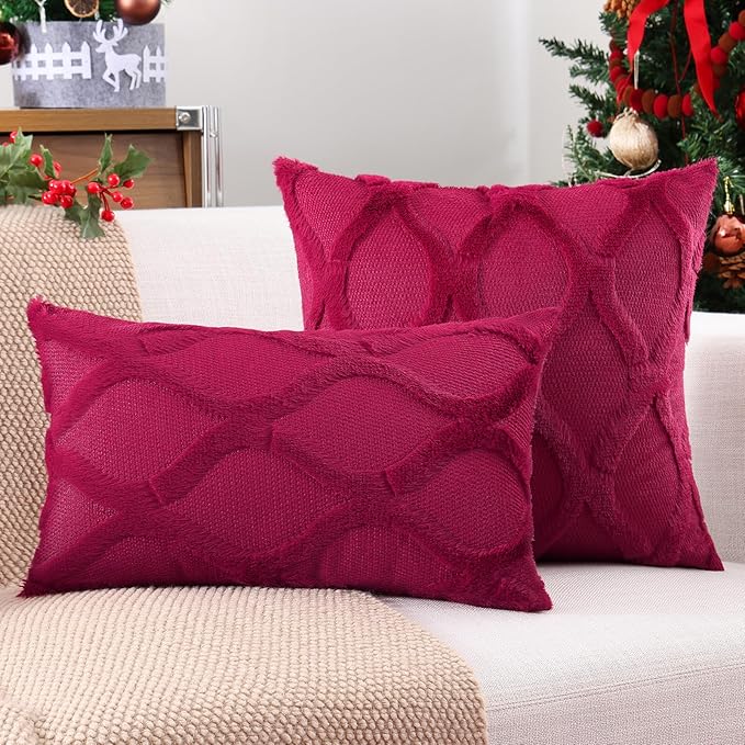 decorUhome Spring Throw Pillow Covers 12x20 Inch Set of 2, Soft Plush Faux Fur Wool Lumbar Burgundy Couch Pillow Covers, Decorative Neutral Pillow Cases for Bed Sofa Living Room Home Decor