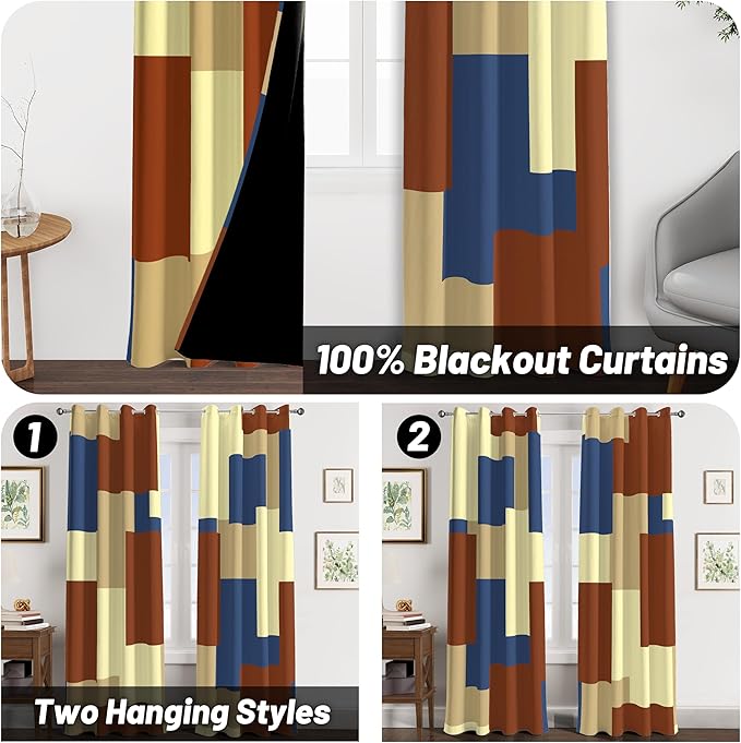 Terracotta Blue 100% Blackout Curtains for Bedroom 63 inch Long 2 Panels Set Modern Abstract Geometric Black Out Curtains Insulated Room Darkening Window Drapes for Living Room, 52Wx63L