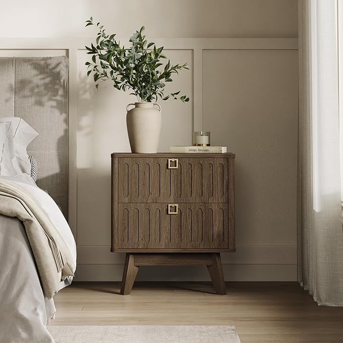 SICOTAS Modern Fluted Nightstand with 2 Drawers, 21" Wide Wood Bedside Table with Gold Handle, Mid-Century End Table for Bedroom, Apartment