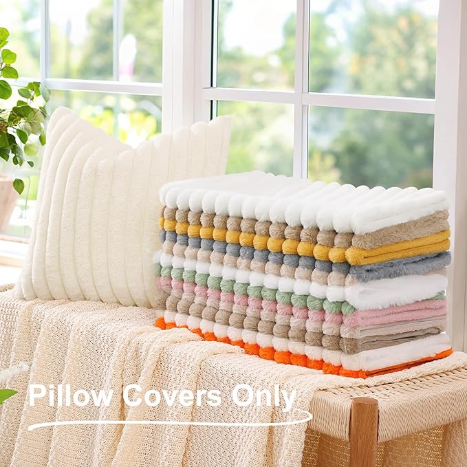 decorUhome Faux Fur Spring Throw Pillow Covers 26x26 Set of 2, Decorative Soft Plush Striped Neutral Couch Euro Sham Pillow Covers with Velvet Back for Sofa, Bed, Living Room Home, White