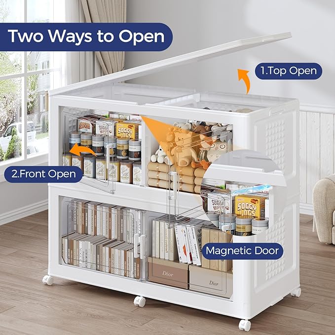 160GAL Storage Bins with Lid and Wheels, Stackable Closet Organizers and Storage Drawer, Collapsible Storage Box with Dividers, Foldable Plastic Cabinets for Room, Kitchen, 4 Pack White