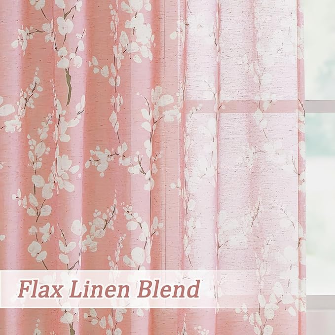 FMFUNCTEX Linen Sheer Curtains for Bedroom, Blush Pink Blossom Patterned 96 Inches Long for Kids Room Girl's Room, Floral Patterned Drapes Light Filtering for Living Room, Rod Pocket 2 Panels