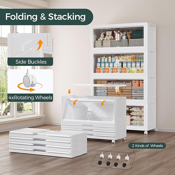 90Gal Stackable Storage Bins with Lid, 360Qt Extra Large Collapsible Storage Box with Doors and Wheels, Plastic Closet Organizer and Storage Cabinet Drawer for Home Kitchen, 3Pack White