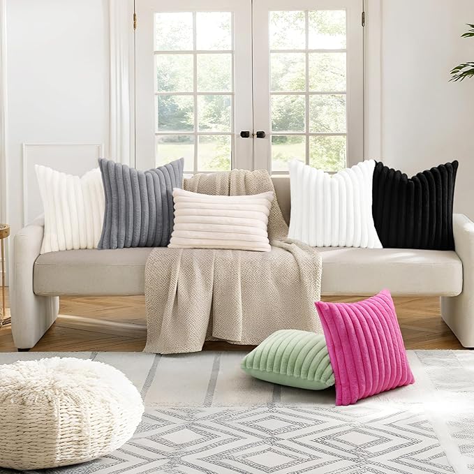 decorUhome Faux Fur Spring Throw Pillow Covers 24x24 Set of 2, Decorative Soft Plush Striped Neutral Couch Euro Sham Pillow Covers with Velvet Back for Sofa, Bed, Living Room Home, Grey
