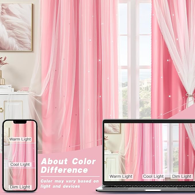 XiDi Pink Curtains for Bedroom Decor, Baby Pink Kids Blackout Curtains for Girls Room, Princess Unicorn Wall Decor Set of 1 Panel, 34x63 Inches