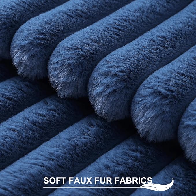 Pallene Faux Fur Plush Lumbar Throw Pillow Covers 12x20 Set of 2, Luxury Soft Fluffy Striped Decorative Pillow Covers for Sofa, Couch, Living Room, Navy Blue