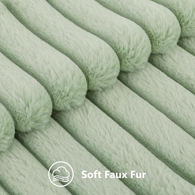decorUhome Faux Fur Spring Throw Pillow Covers 26x26 Set of 2, Decorative Soft Plush Striped Neutral Couch Euro Sham Pillow Covers with Velvet Back for Sofa, Bed, Living Room Home, Sage Green