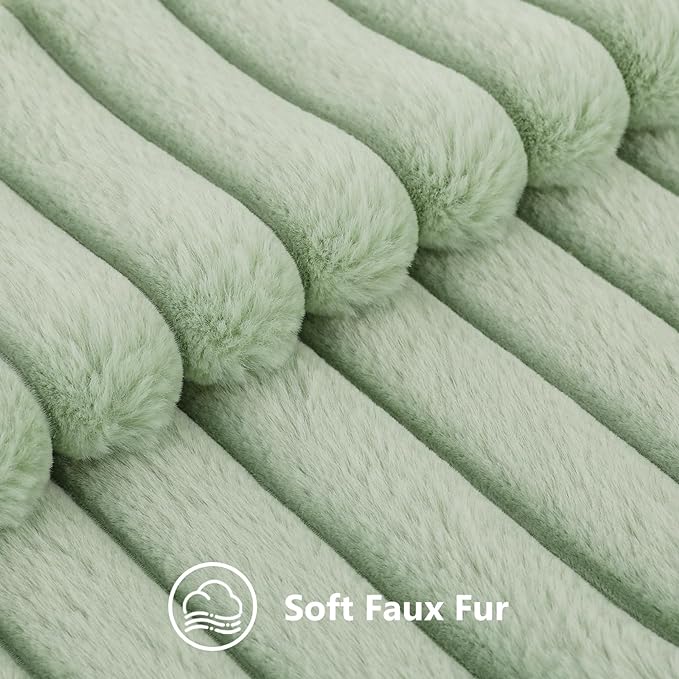 decorUhome Faux Fur Spring Throw Pillow Covers 22x22 Set of 2, Decorative Soft Plush Striped Neutral Couch Euro Sham Pillow Covers with Velvet Back for Sofa, Bed, Living Room Home, Sage Green