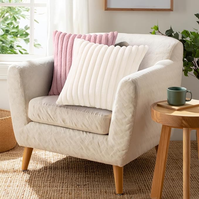 Pallene Faux Fur Plush Throw Pillow Covers 20x20 Set of 2, Luxury Soft Fluffy Striped Decorative Pillow Covers for Sofa, Couch, Living Room, Blush Pink