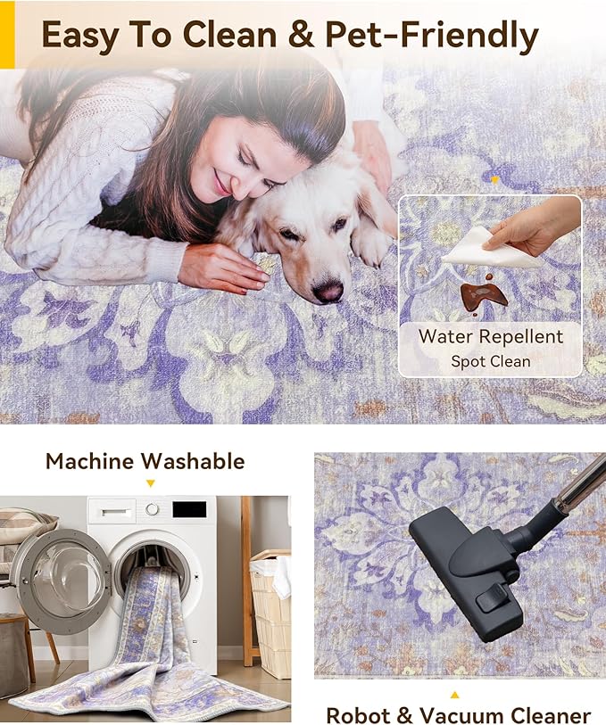 Area Rugs 2'x3' Washable Non-Slip, Floral Vintage Distress Print Pattern Medallion Carpet for Living Room Bedroom Dining Room, Light Purple Brown
