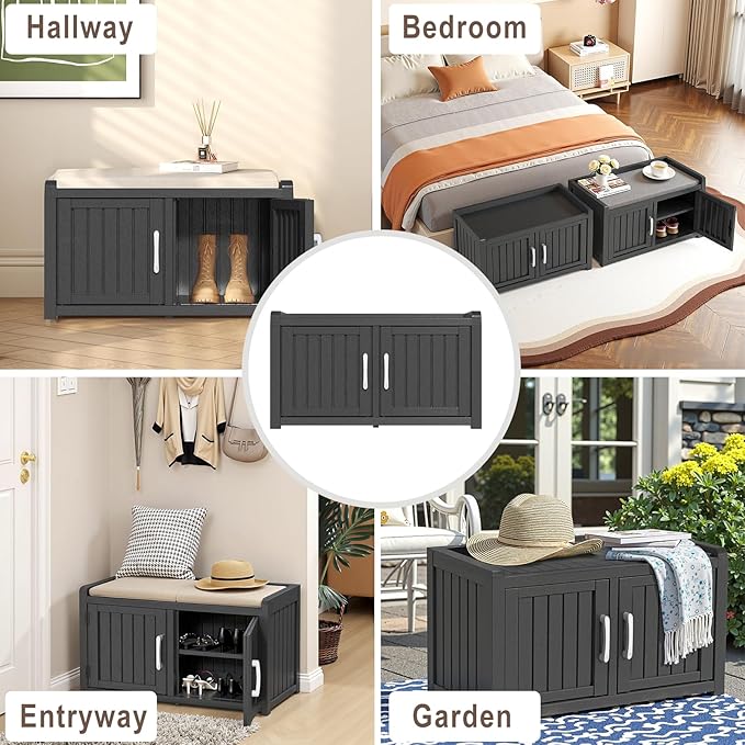 ROJIK Shoe Cabinet Waterproof UV-Resistant,Storage Bench Indoor Outdoor with Adjustable Shelves,for Entryway Bedroom,Hallway,Living Room(Double Door,Black)