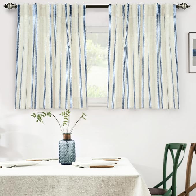DriftAway Farmhouse Vertical Striped Linen Blend Textured Light Filtering Semi Sheer Curtains for Living Room Bedroom 36 Inches Long Drapes 2 Panels Linen Navy
