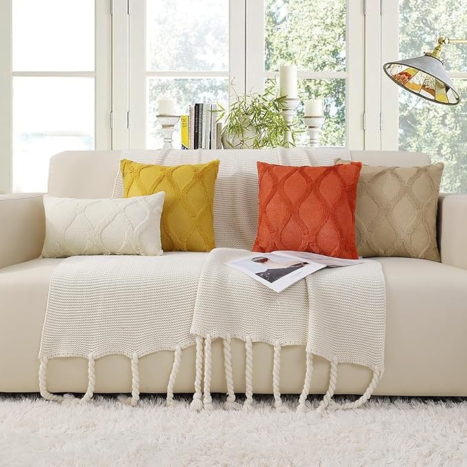 decorUhome Spring Throw Pillow Covers 12x20 Inch Set of 2, Soft Plush Faux Fur Wool Lumbar Rust Couch Pillow Covers, Decorative Neutral Pillow Cases for Bed Sofa Living Room Home Decor