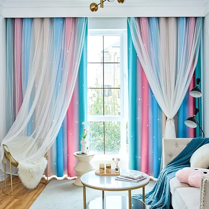 Star Curtains - Blackout & Rainbow Bedroom Curtains, 96 Inch Long, 2 Panels, Beige, Blue & Pink
