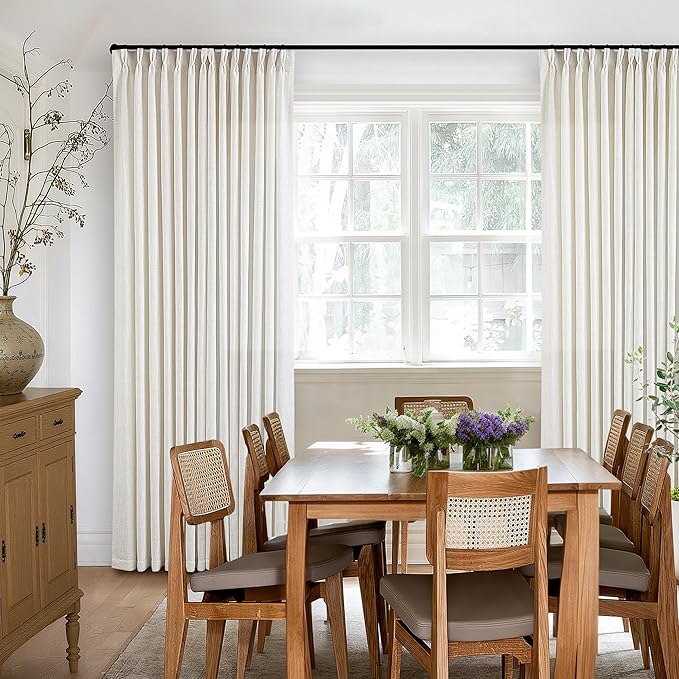 102 Inch Long Curtains Pinch Pleat Linen Curtains for Living Room Bedroom 2 Panels Natural Cream Light Filtering Privacy Neutral 102 Inch Pleated Drapes Hooks Rings Back Tab for Window Sliding Door