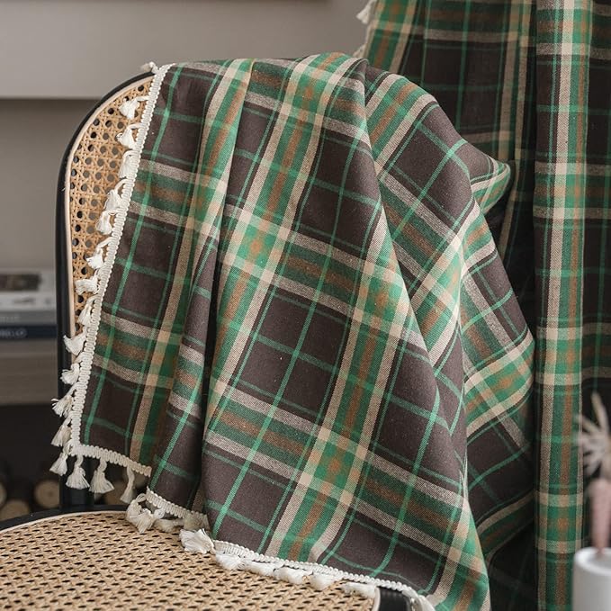 Sutuo Home Boho Curtains for Bedroom 84 Inch Length, Light Filtering Country Farmhouse Vintage Shabby Chic Tassels Window Treatment Bohemian Grid Drape for Xmas Decor 1 Panel 52"W x 84"L, Green Plaids
