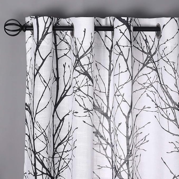 FMFUNCTEX Linen Semi Sheer Curtains for Bedroom, Black White Curtains 45 Inches Long for Living Room, Grey Tree Branch Patterned Curtain Light Filtering Kitchen Window Drapes, Grommet Top 2 Panels